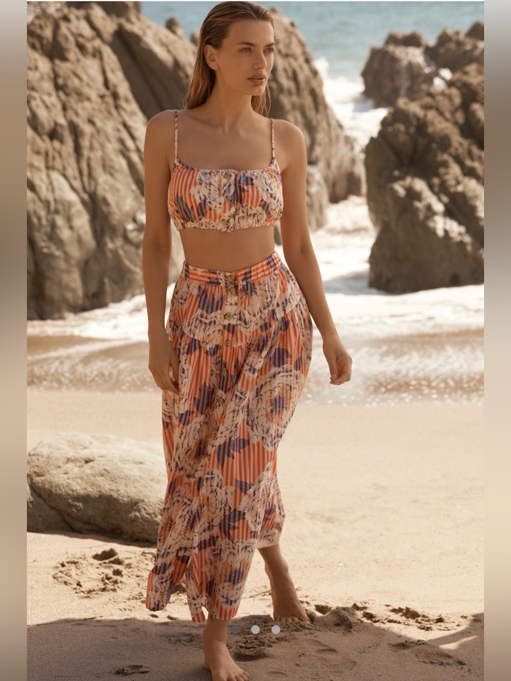 NWT Anthropologie Midi Skirt Button Front Orange Floral Preppy Vacay Boho SZ M